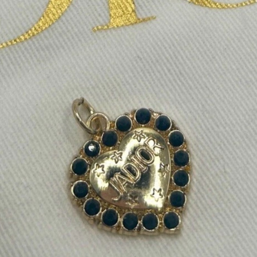 DIOR “J'Adior” Charm Pendant Stamped Gold Heart w/ Black Stones - Picture 6 of 8